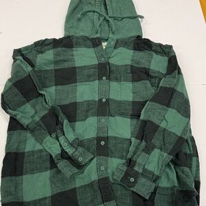 American Eagle Green and Black Plaid Hooded Shirt